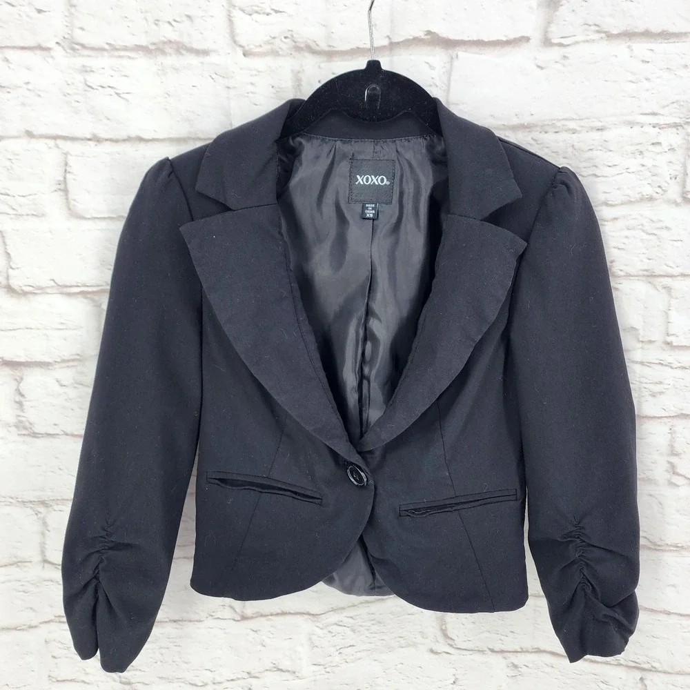 Vintage Y2K Crop Blazer Jacket Office Vixen Brat Black Plunge Scrunch‎ Sleeve XS